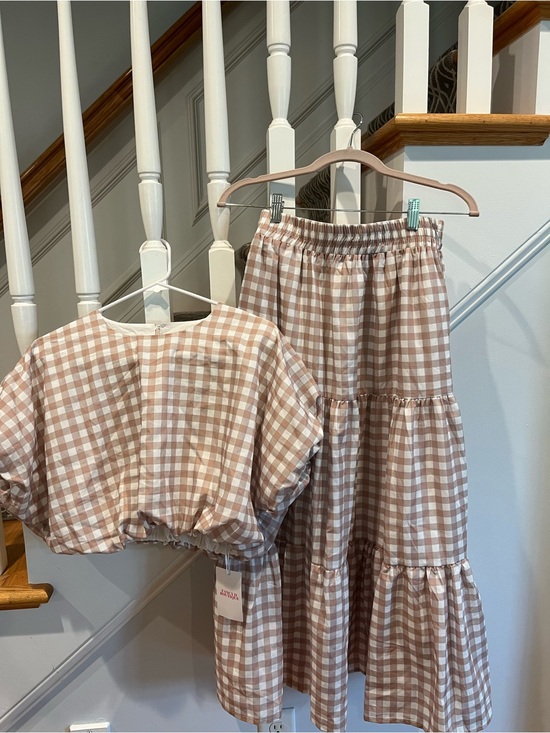 FancyD Boutique Dresses & Skirts - Gingham Tiered Maxi Skirt Set in Beige Plaid